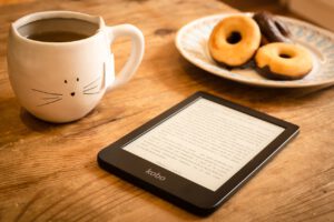 Coffee, donuts, e-reader